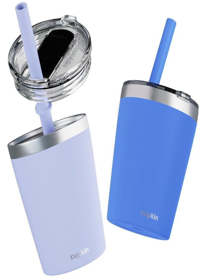 CUPKIN Kids Cup, The Original 8 oz Stackable Stainless Steel Kid Cups, Set of 2 Powder Coated Insulated Sippy Cup for 1+ Year Old Toddlers & BPA Free Lids & Reusable Silicone Straws (Blue + Gray) - Image 1